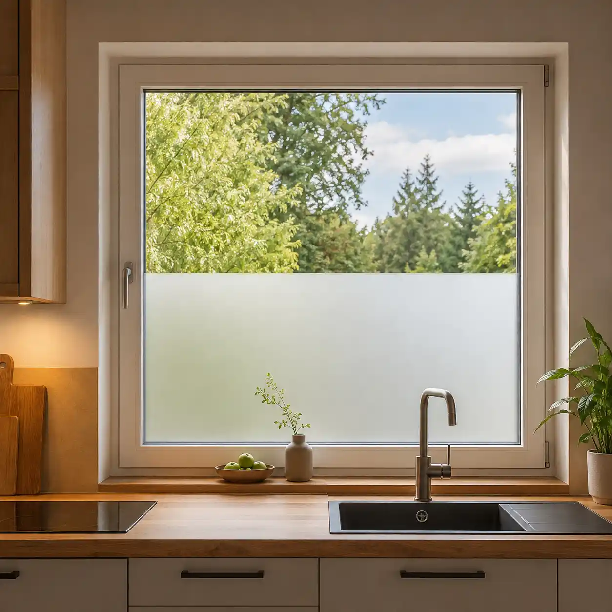 Küchenfenster mit mattem unteren Feld und klarem Glas darüber von ecowindow