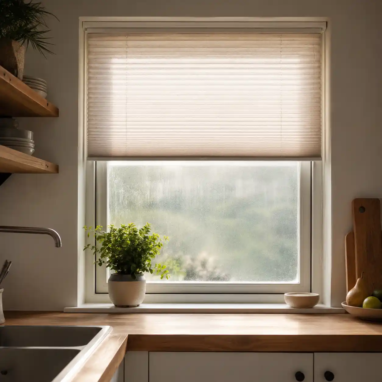 Küchenfenster mit Plissee und Sichtschutzglas kombiniert von ecowindow