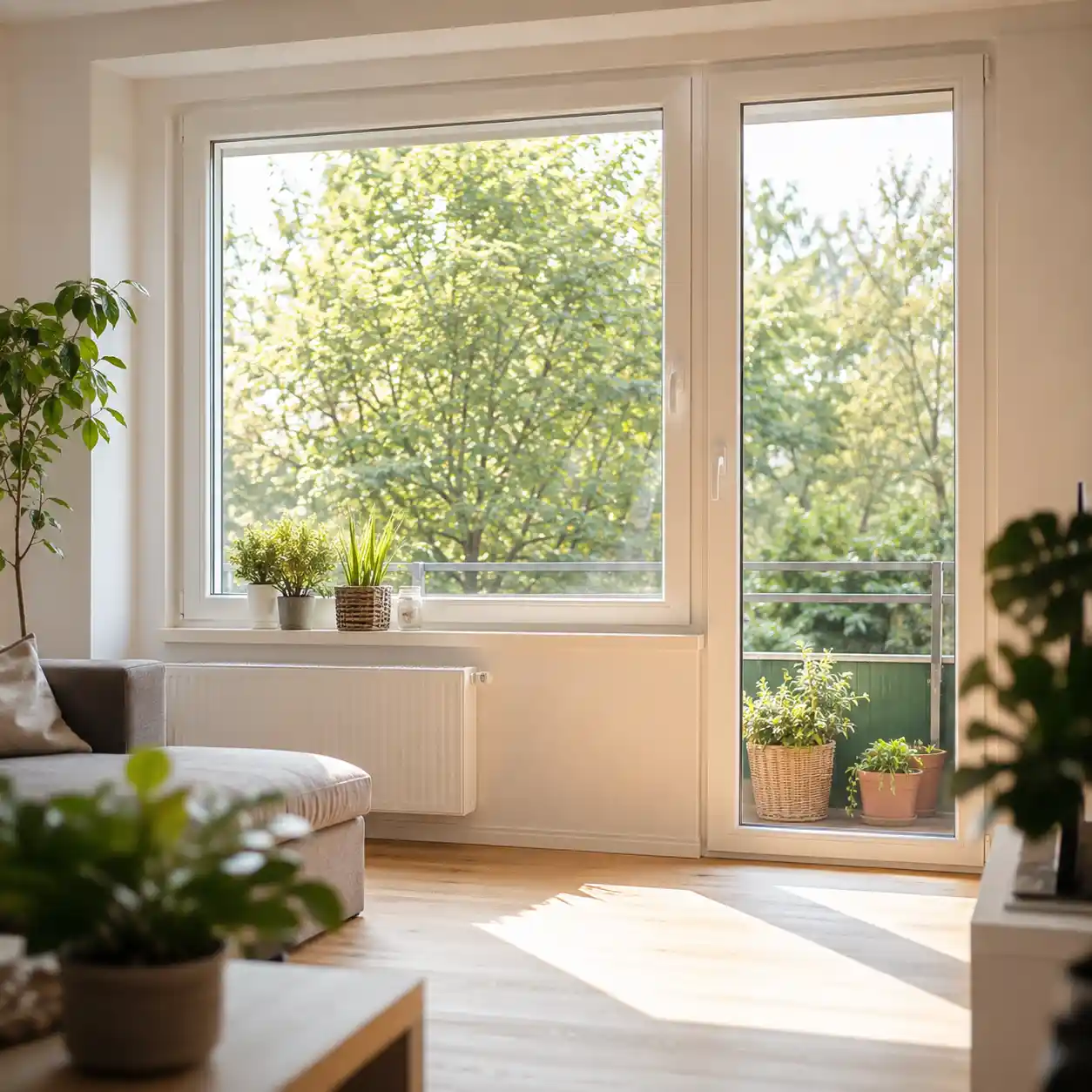 Wohnzimmer mit großem Balkonfenster neben der Balkontür nach Maß von ecowindow