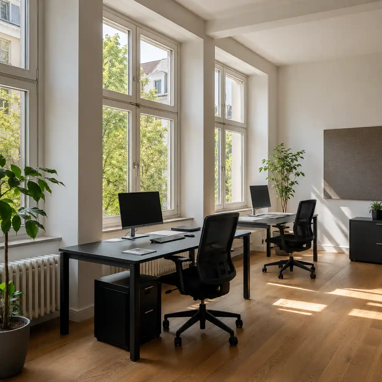 Helles Büro mit großen Fenstern und blendfreiem Arbeitsplatz von ecowindow