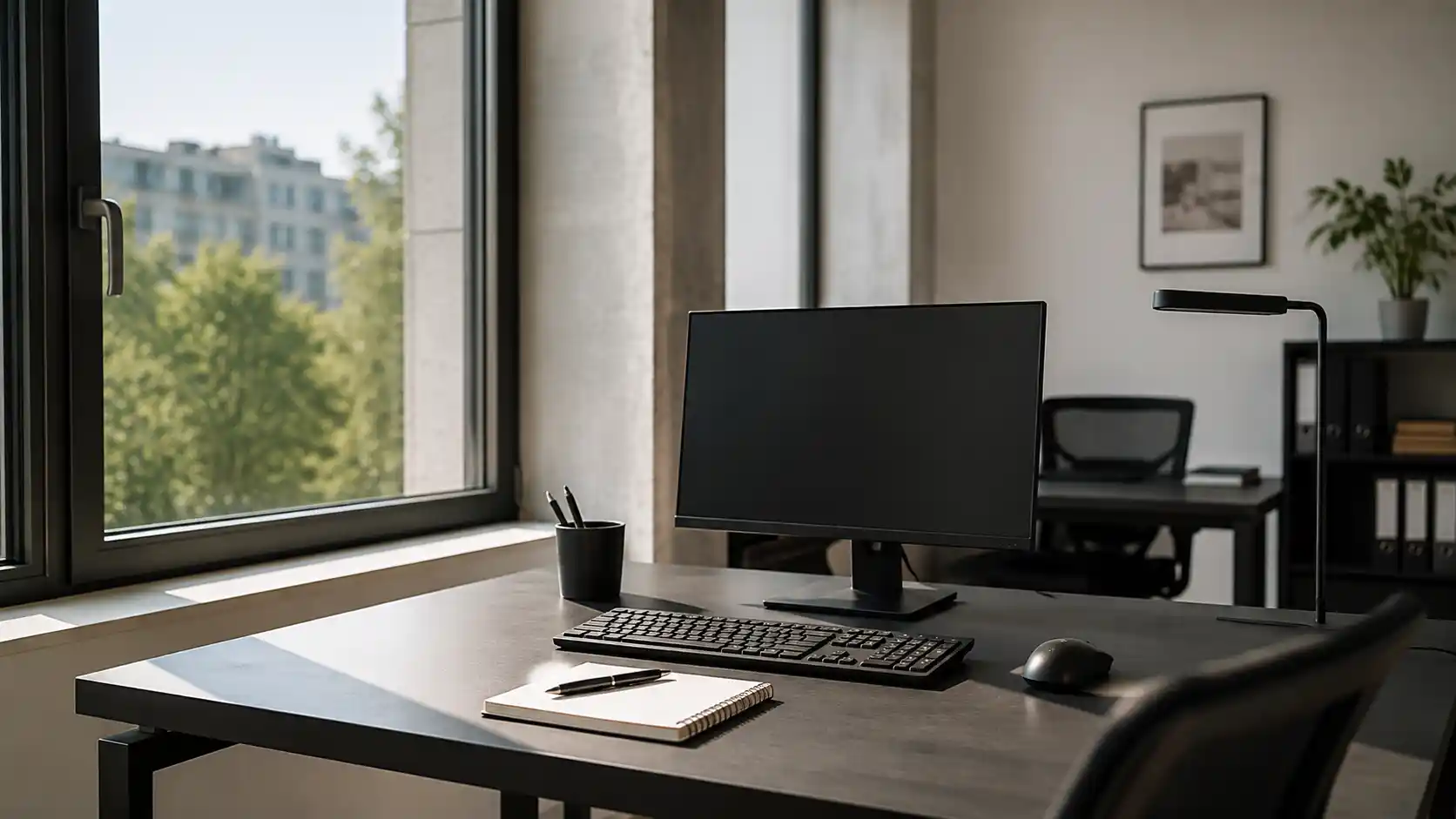 Arbeitsplatz mit Bildschirm ohne Reflexionen am Bürofenster von ecowindow