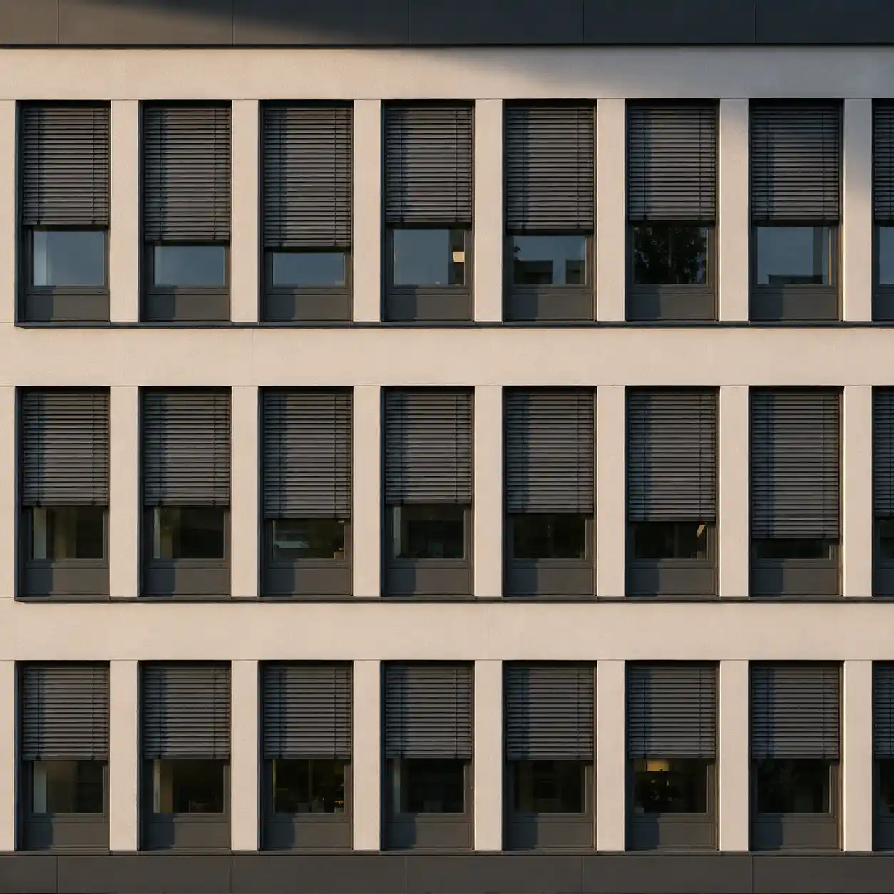 Bürogebäude mit einheitlich geteilten Fenstern in Anthrazit von ecowindow