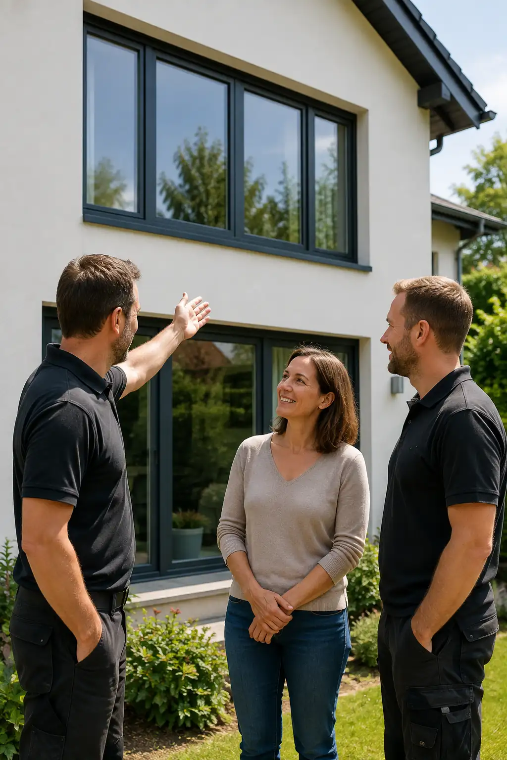 ecowindow-Monteure im Beratungsgespräch zu Fenstern mit Sichtschutzglas