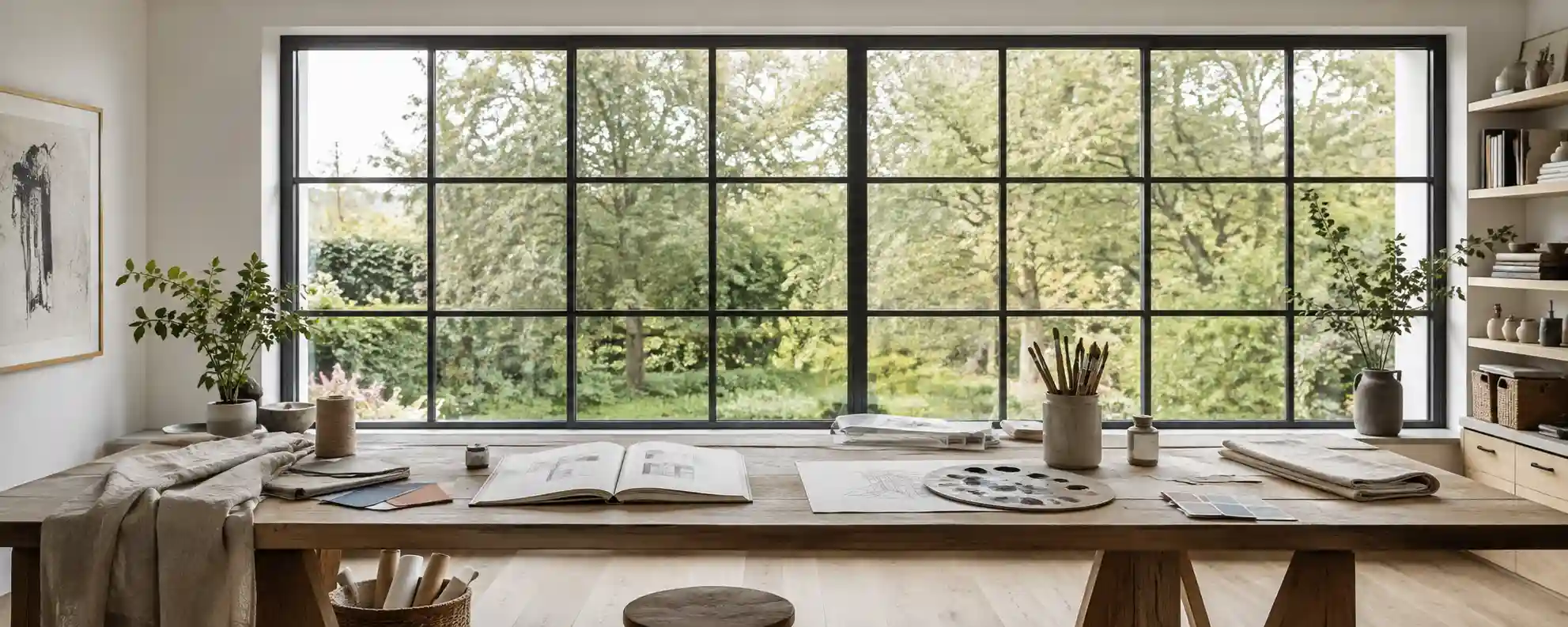 Breites Atelierfenster mit schwarzem Raster über einem Arbeitstisch zum Malen, Zeichnen und Nähen