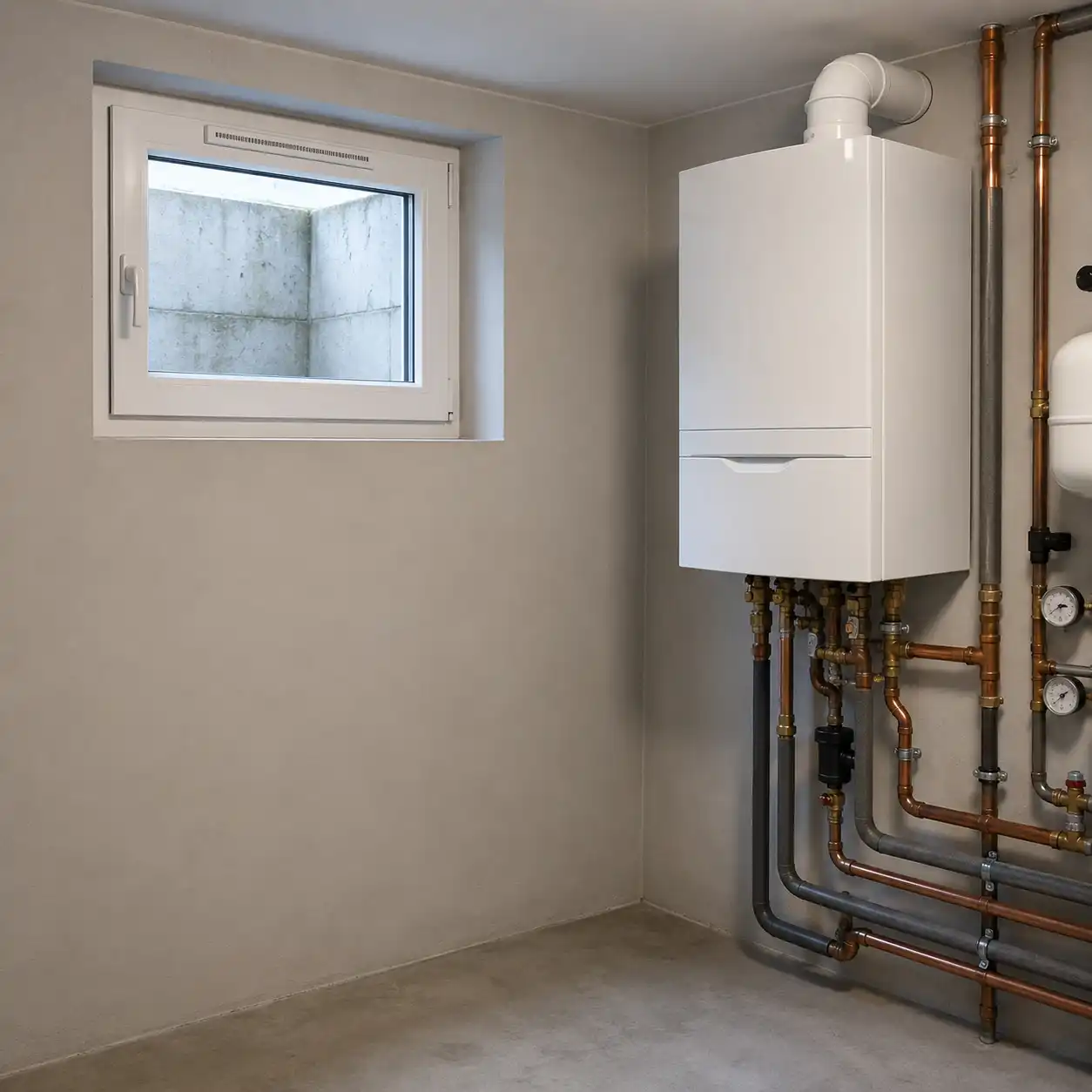 Heizraumfenster mit Lüftungsgitter im Heizungskeller neben dem Kessel von ecowindow