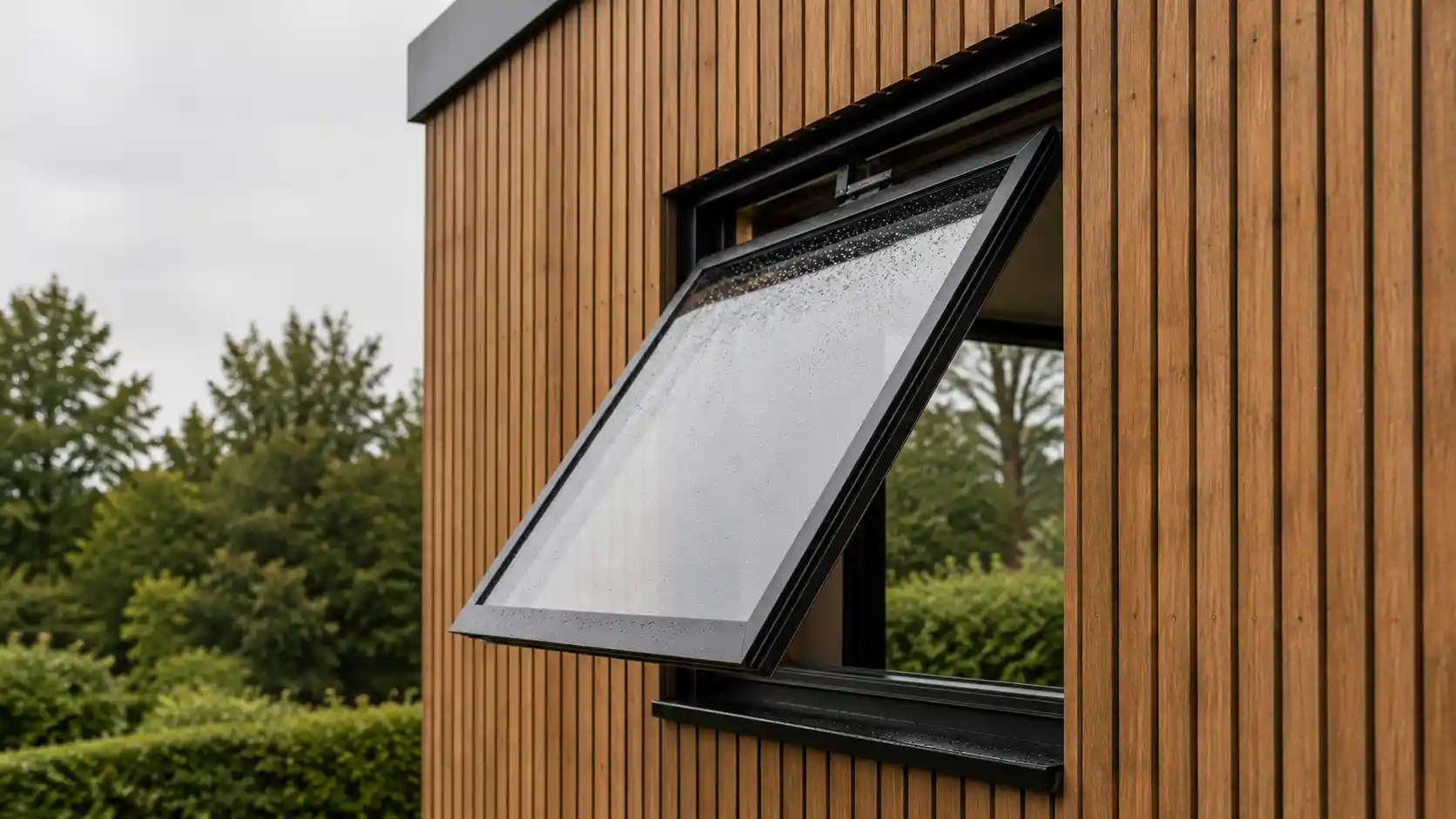 Oben angeschlagenes Klappfenster im Minihaus, der Flügel stellt sich unten heraus, von ecowindow