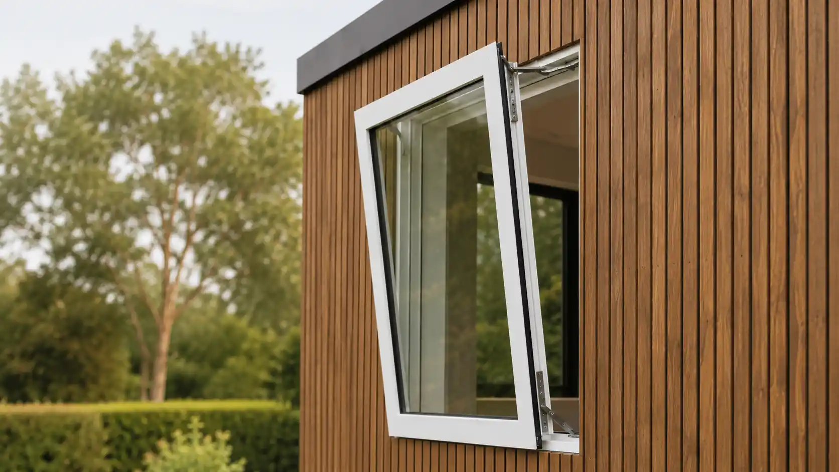 Nach außen drehendes Fenster mit seitlichem Anschlag im Tiny House von ecowindow