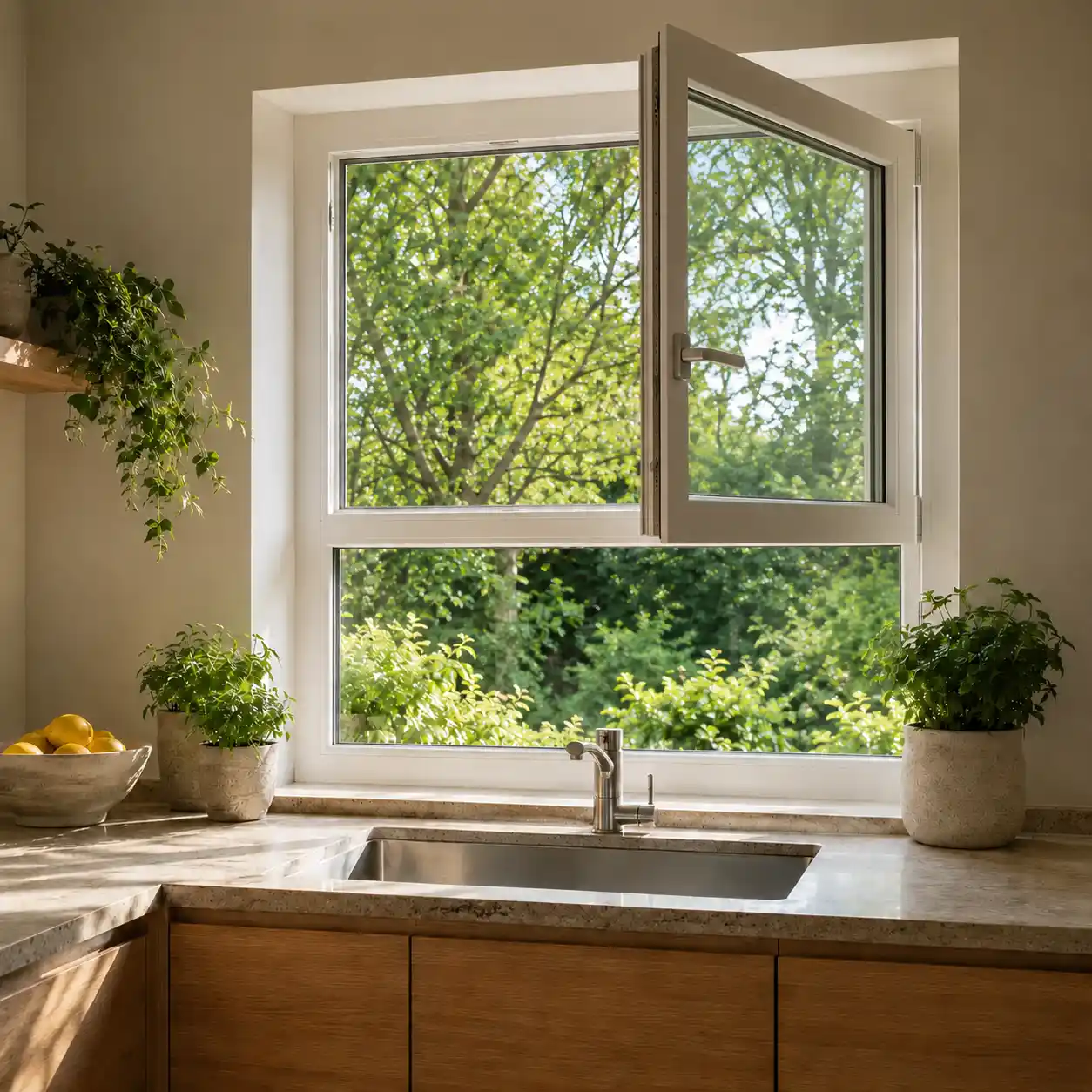 Küchenfenster mit Dreh-Kipp-Flügel oben und festverglastem Unterlicht über der Spüle von ecowindow