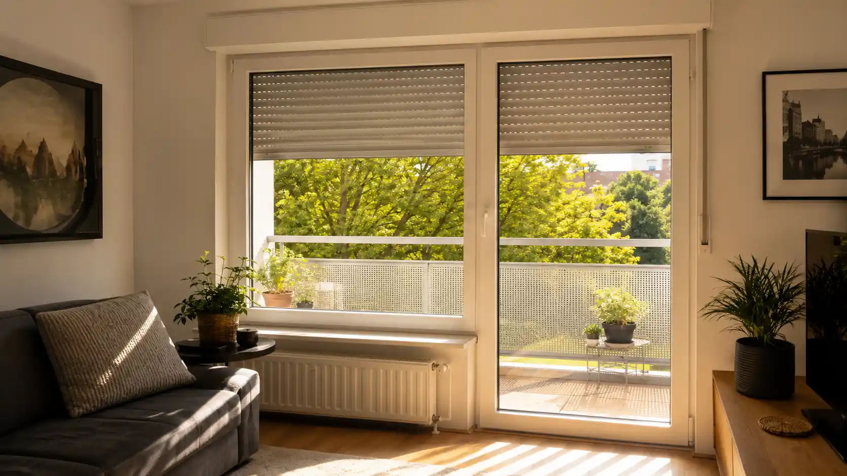 Balkonfenster mit Aufsatzrollladen und Sonnenschutz von ecowindow