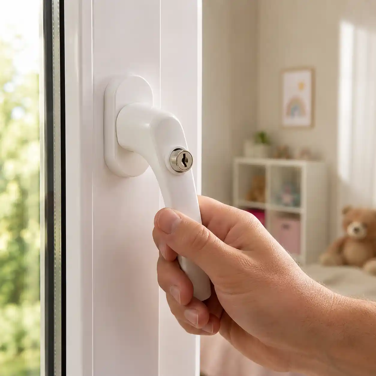Kinderzimmerfenster mit abschließbarem Griff als Kindersicherung von ecowindow