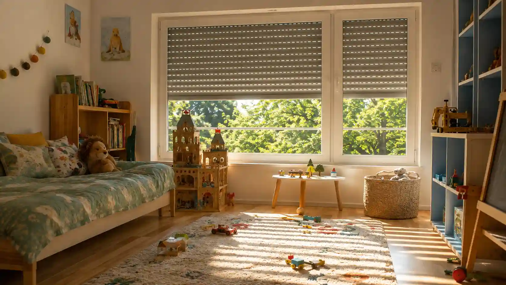 Sonniges Kinderzimmer mit Sonnenschutzglas am Fenster von ecowindow