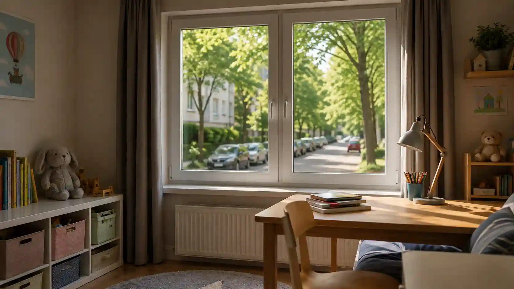 Ruhiges Kinderzimmer mit Schallschutzfenster an einer Straßenseite von ecowindow