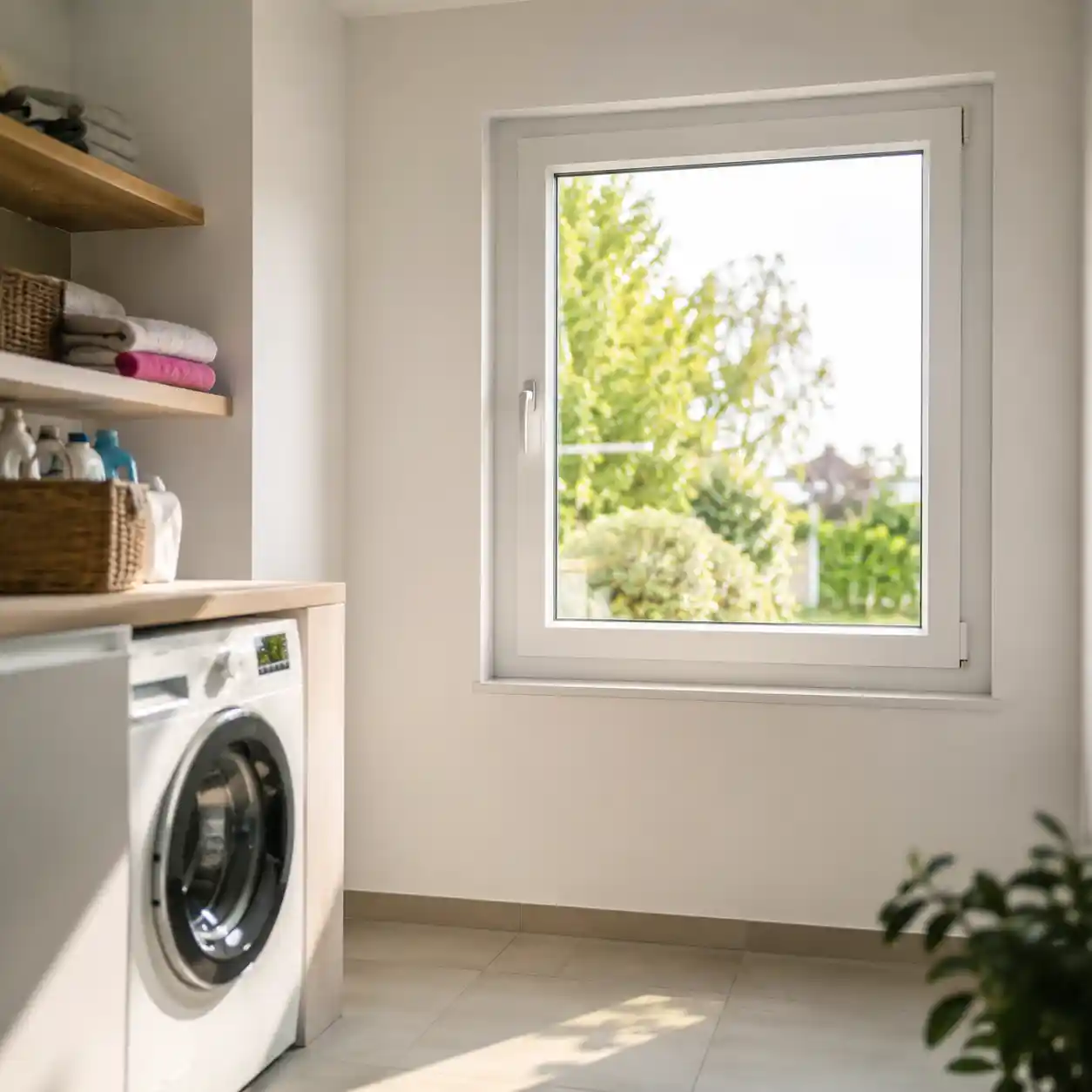 Neues Nebenraumfenster in einem hellen Hauswirtschaftsraum, eingebaut von ecowindow