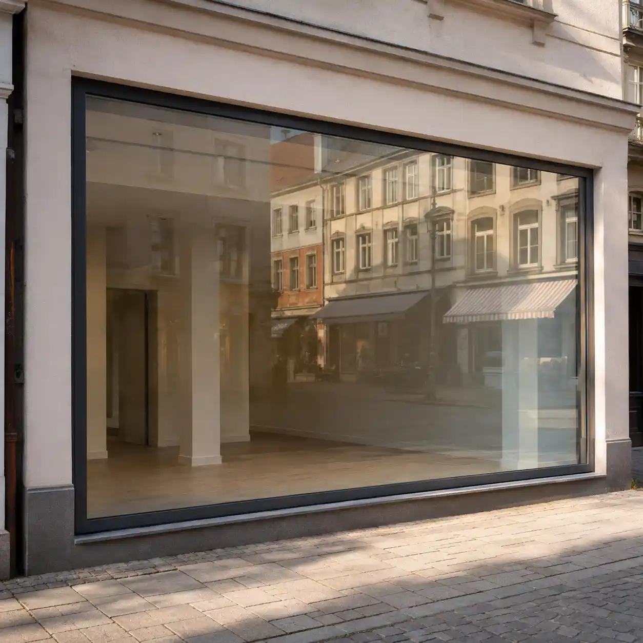 Neues Schaufenster mit schlankem Aluminiumrahmen an einer Ladenfront von ecowindow