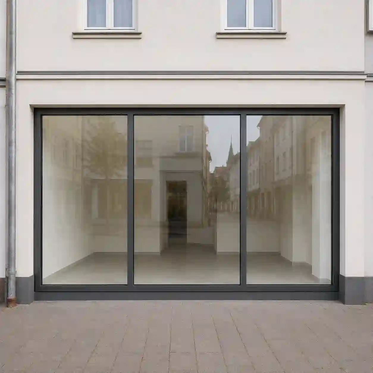 Breite Ladenfront mit Pfosten-Riegel-Raster und integrierter Eingangstür von ecowindow