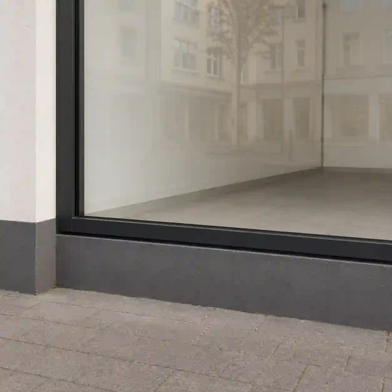 Bodentiefes Schaufenster neben einer Ladenfront mit gemauertem Sockel von ecowindow