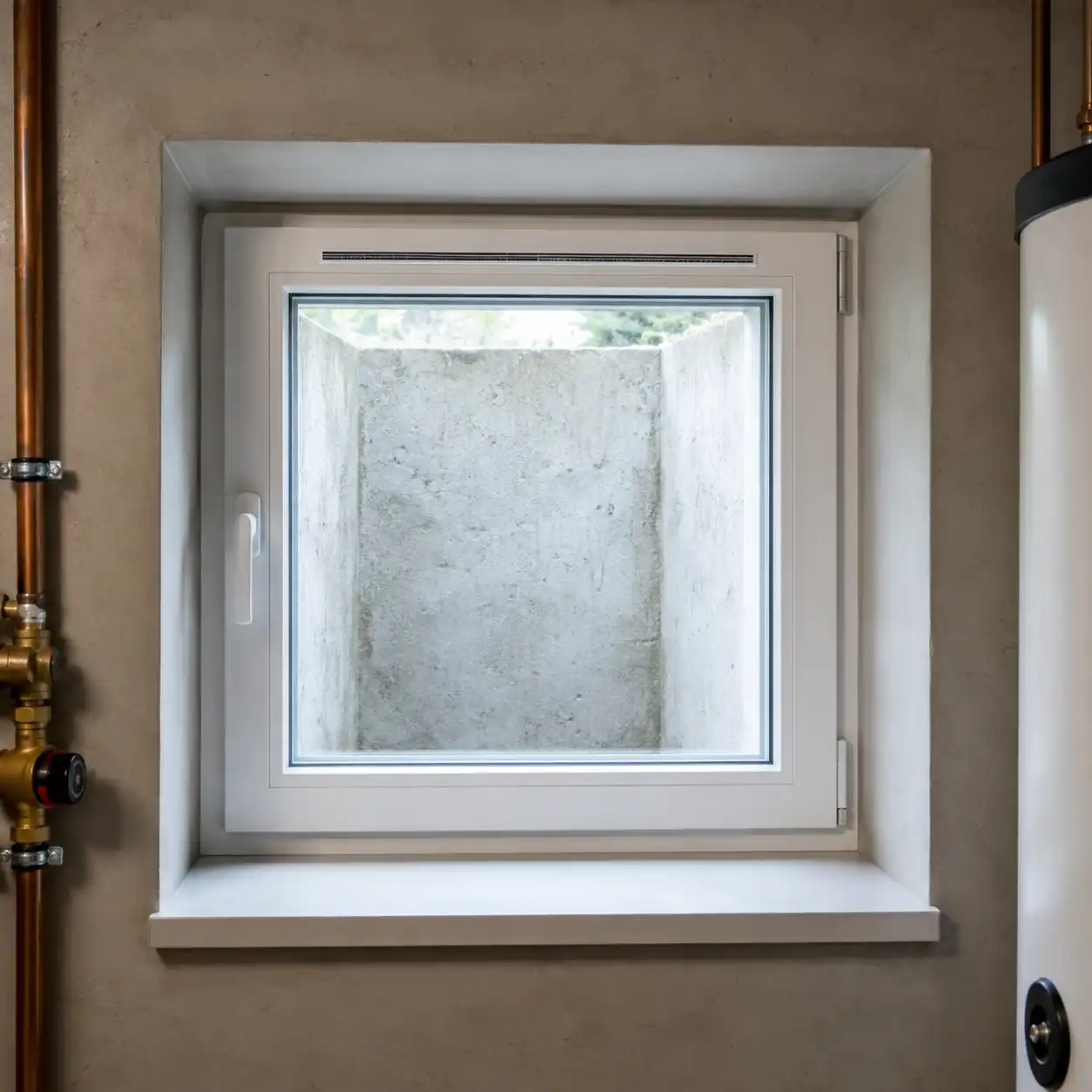 Heizraumfenster mit festem Lüftungsgitter im oberen Rahmenbereich von ecowindow