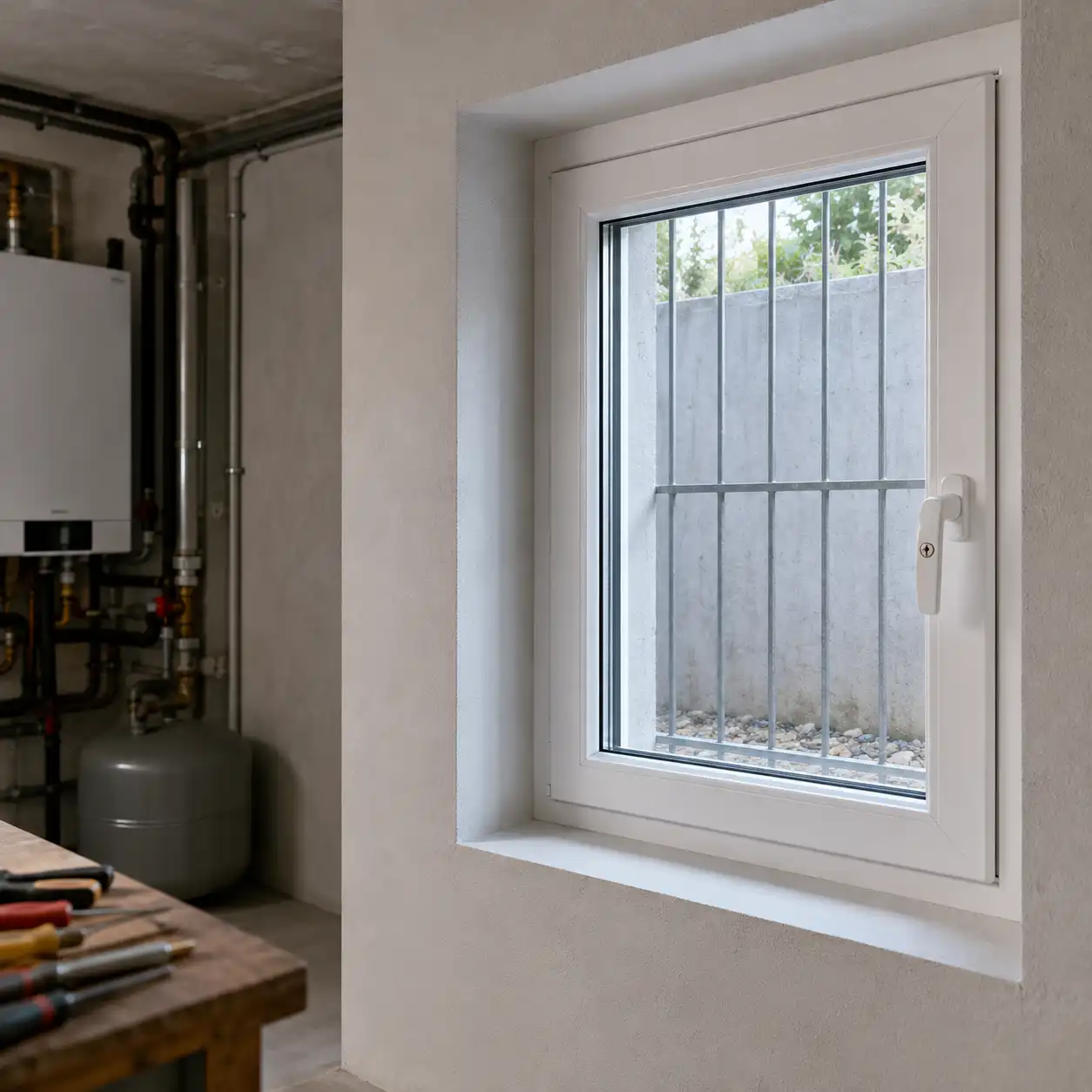 Separate Verbrennungsluftöffnung mit Gitter in der Kellerwand neben dem Heizraumfenster