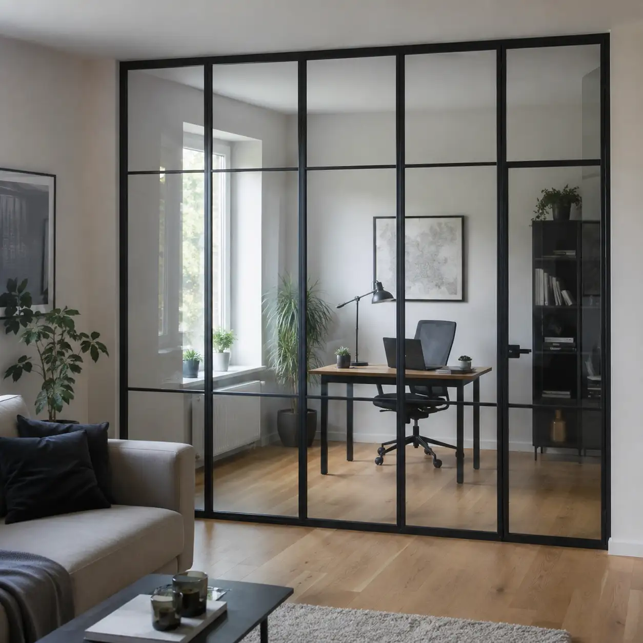Verglaste Trennwand im Loftstil zwischen Arbeitszimmer und Wohnbereich von ecowindow