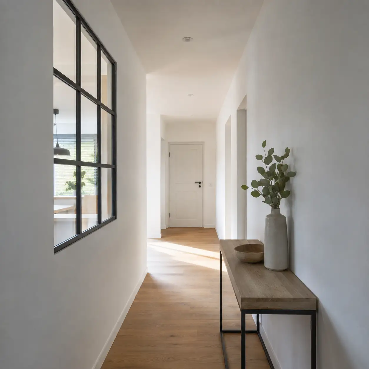 Loftfenster mit schwarzen Sprossen als Abtrennung zwischen Windfang und Flur von ecowindow