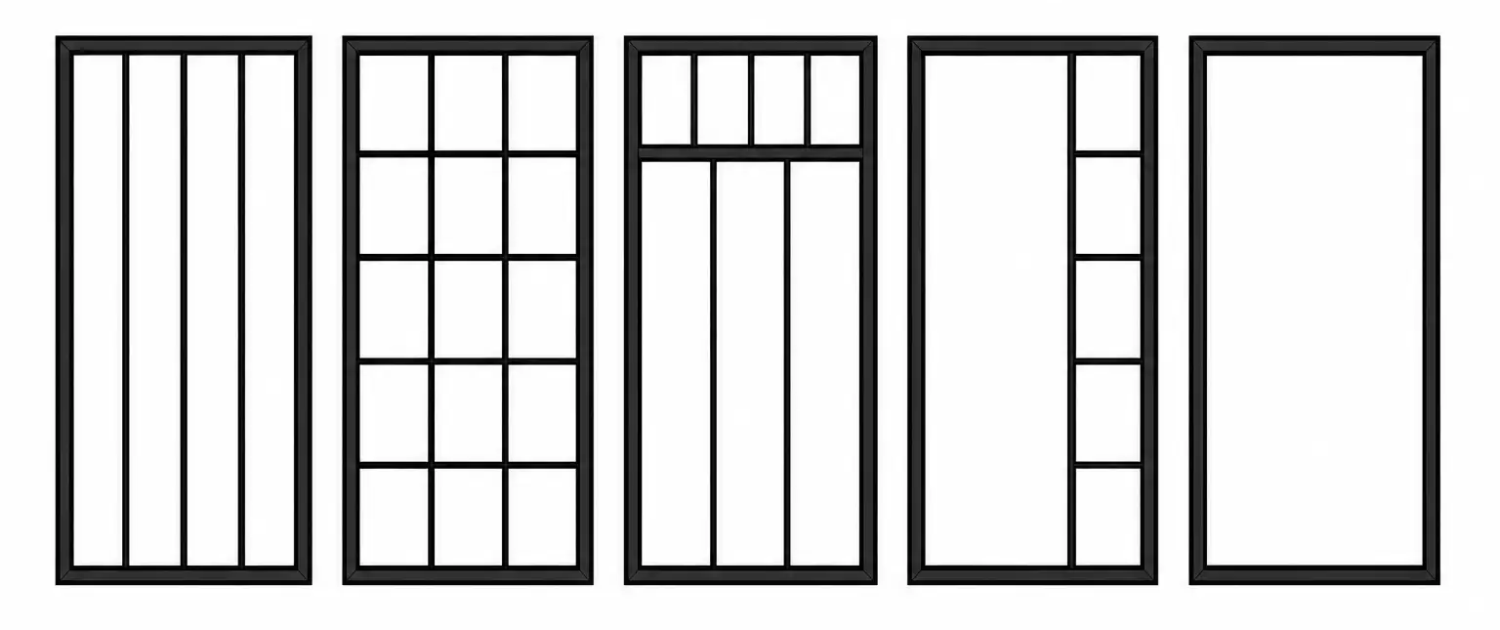 Fünf Teilungsvarianten für Loftfenster nebeneinander im Vergleich von ecowindow