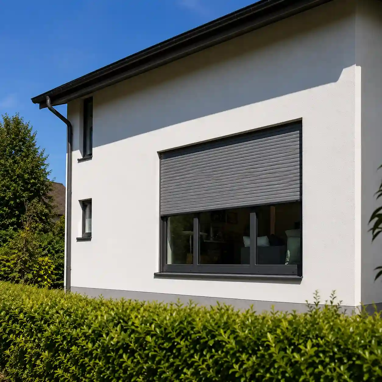 Wohnzimmerfenster mit außenliegendem Sonnenschutz gegen Sommerhitze von ecowindow