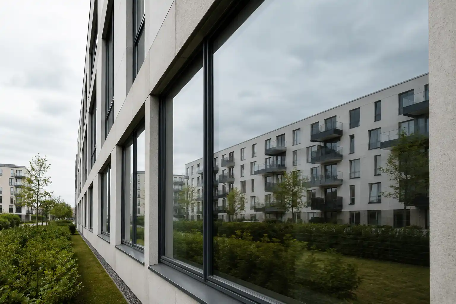 Ruhige Spiegelung in einer Fensterfront aus Floatglas bei ecowindow