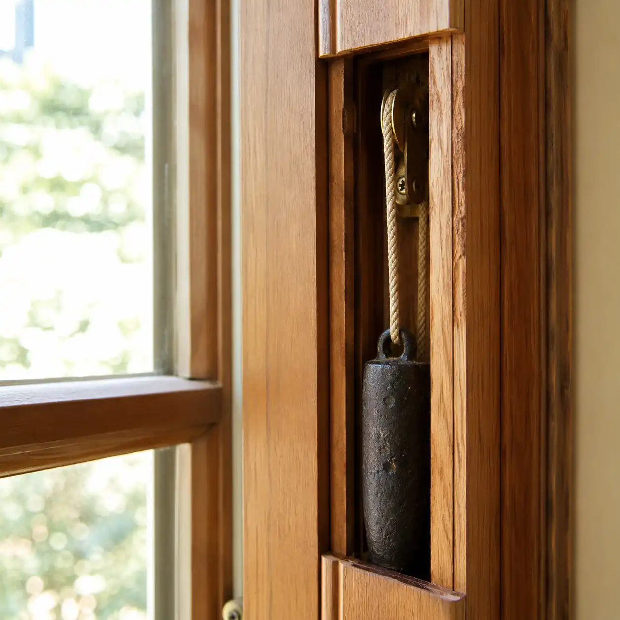 Schema eines Hochschiebefensters mit Gegengewicht im Rahmen von ecowindow