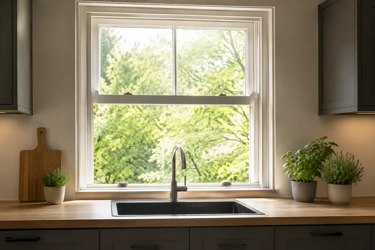 Hochschiebefenster über der Arbeitsfläche einer Küche von ecowindow