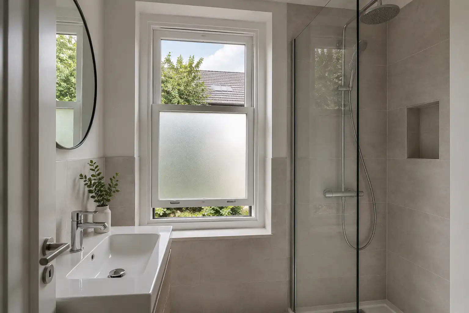 Hochschiebefenster mit Milchglas in einem kleinen Badezimmer von ecowindow