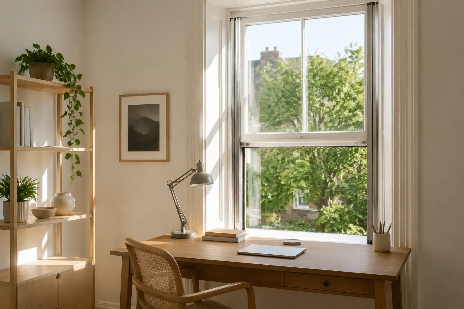 Hochschiebefenster hinter einem Schreibtisch an der Fensterwand eines Wohnraums von ecowindow