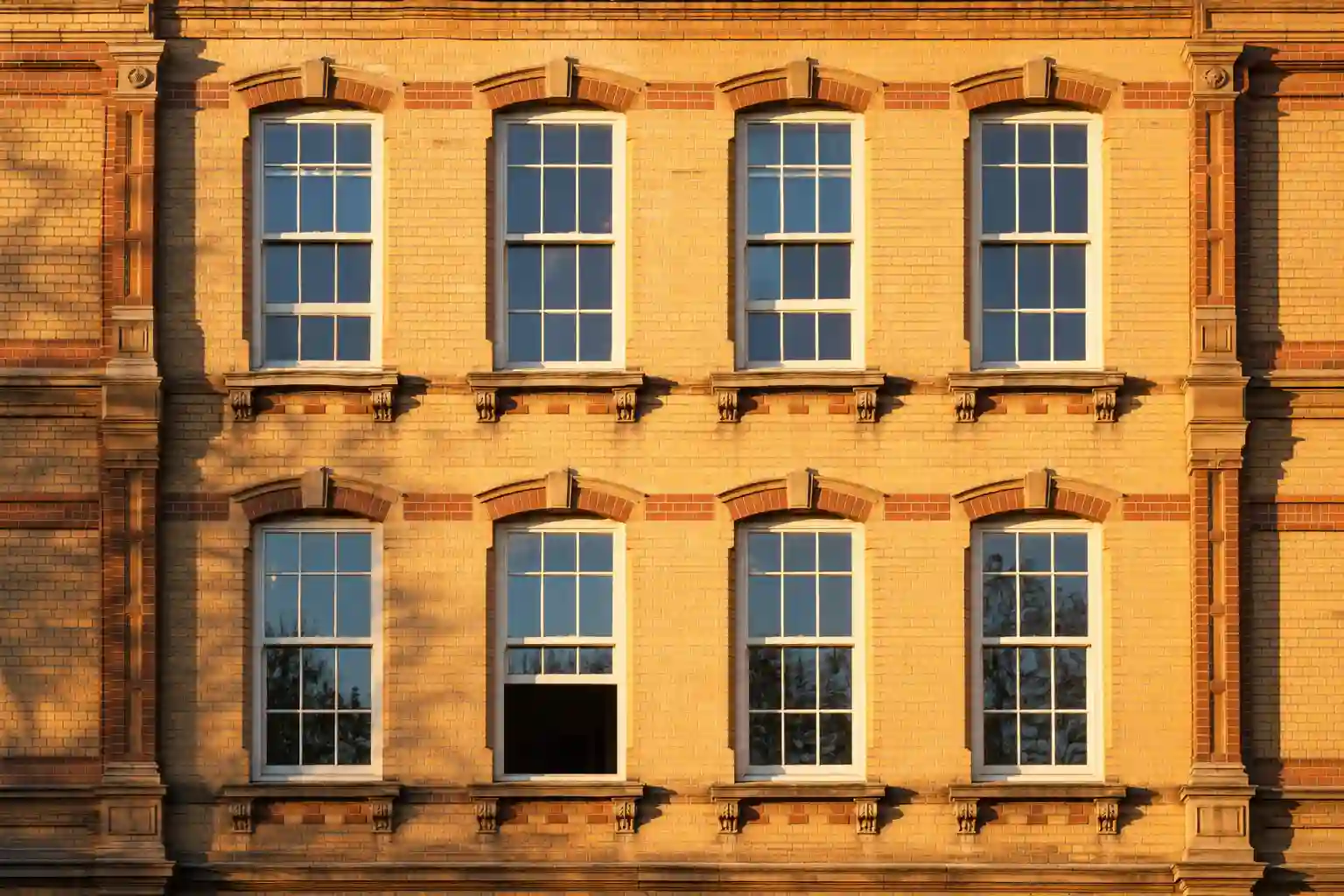 Hochschiebefenster mit Sprossen in einer Altbaufassade aus Backstein von ecowindow