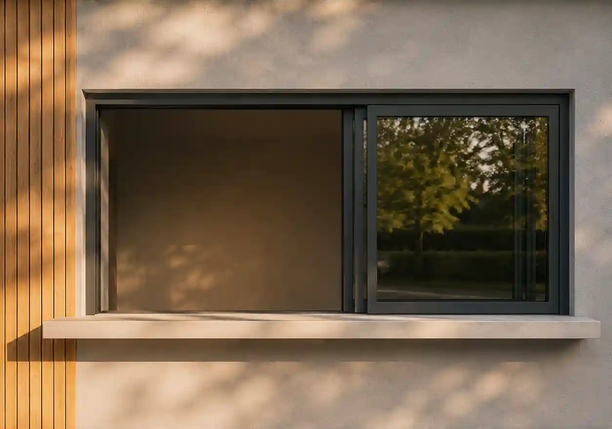 Kassenfenster mit Schiebefluegel und Theke an einem Verkaufsplatz von ecowindow