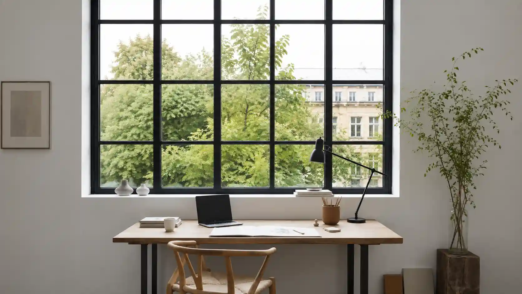 Schreibtisch vor einem Atelierfenster mit gleichmaessigem Nordlicht von ecowindow