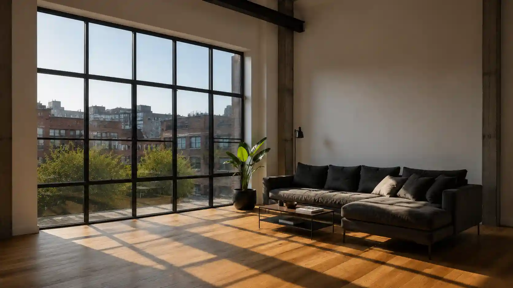 Wohnraum im Loftstil mit schwarzem Atelierfenster ueber die ganze Wand von ecowindow