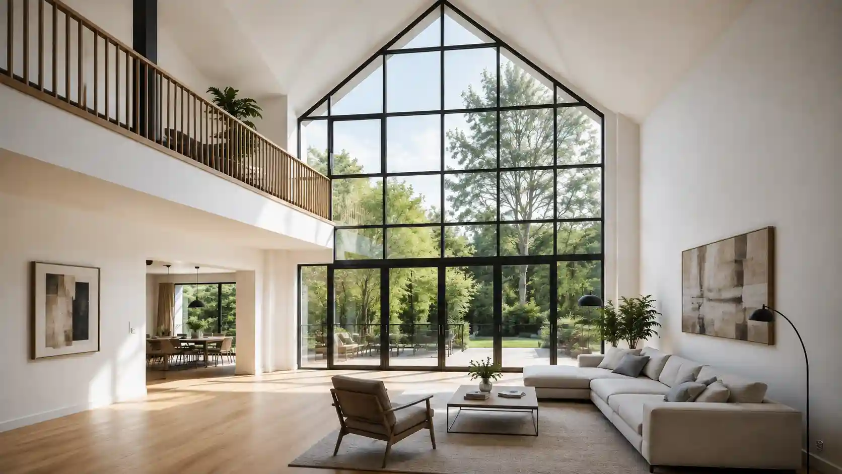 Hohes Atelierfenster im Giebel ueber zwei Geschosse mit schwarzer Teilung von ecowindow
