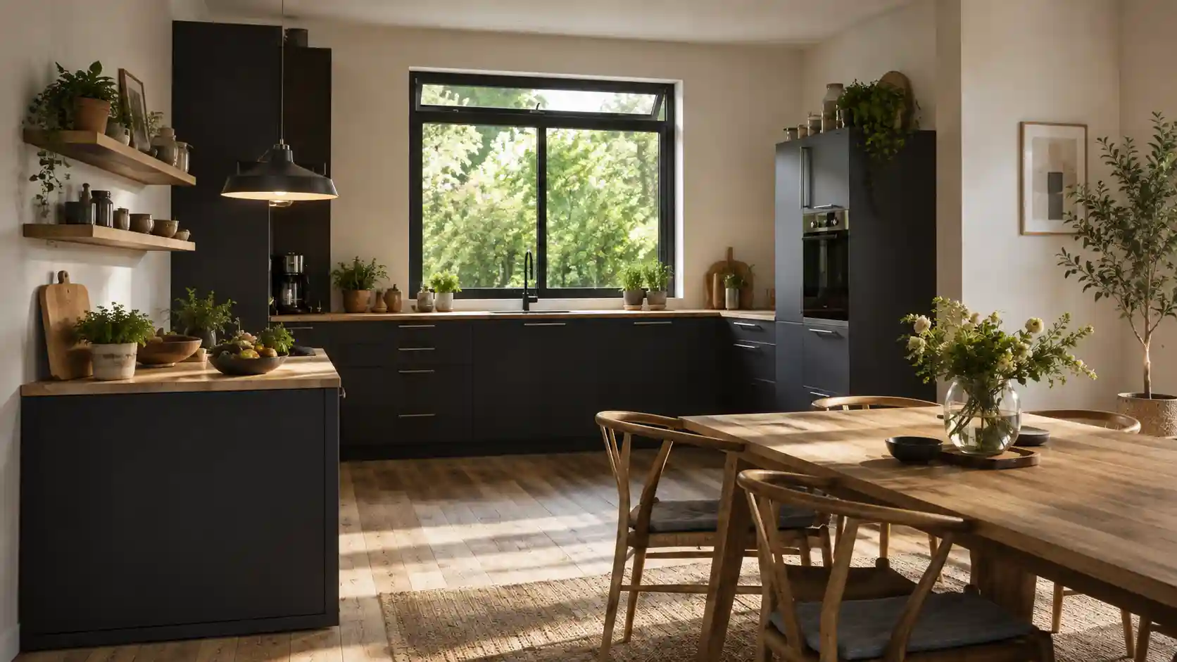 Offene Kueche mit Essbereich und schwarzem Atelierfenster ueber der Arbeitsplatte von ecowindow