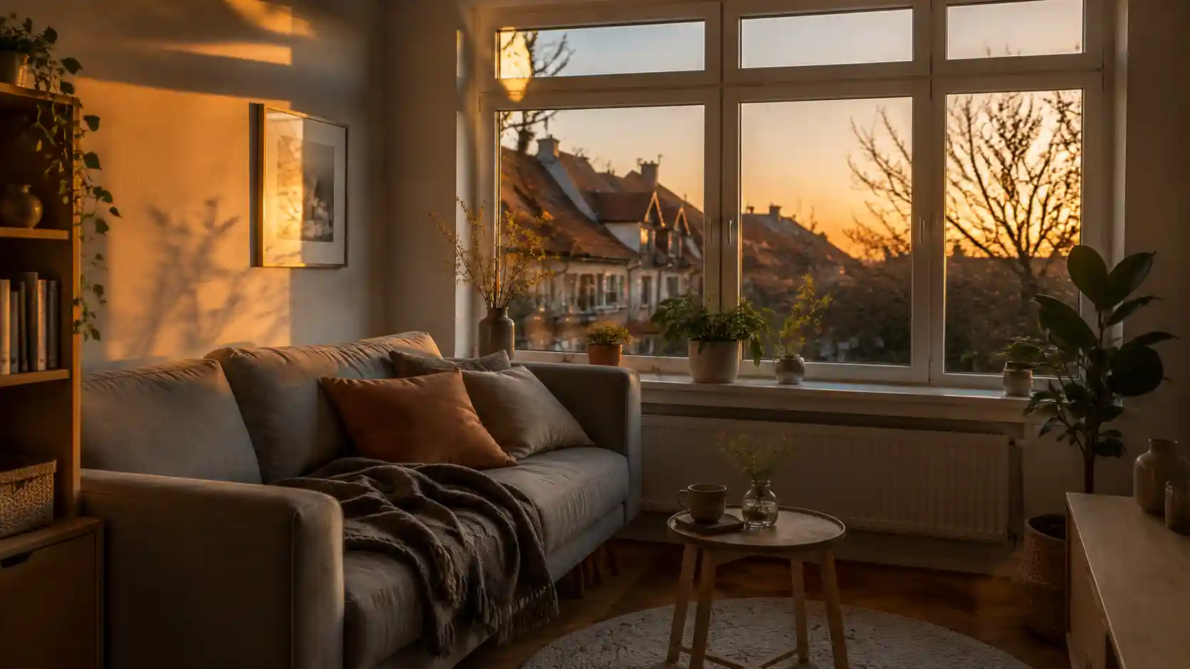 Sofa am grossen Wohnraumfenster im Wohnzimmer mit Abendlicht von ecowindow