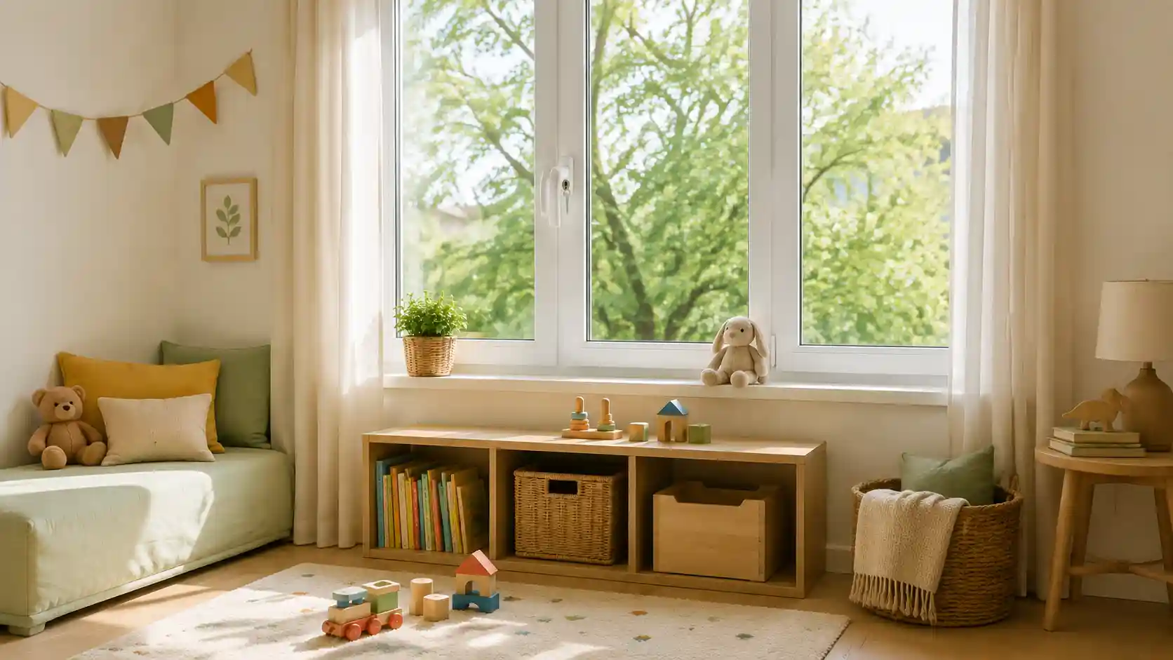 Helles Kinderzimmer mit gesichertem Wohnraumfenster und abschliessbarem Griff von ecowindow