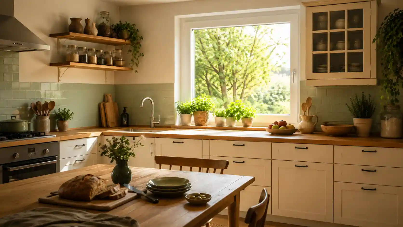 Kueche mit Essplatz und Wohnraumfenster ueber der Arbeitsplatte von ecowindow