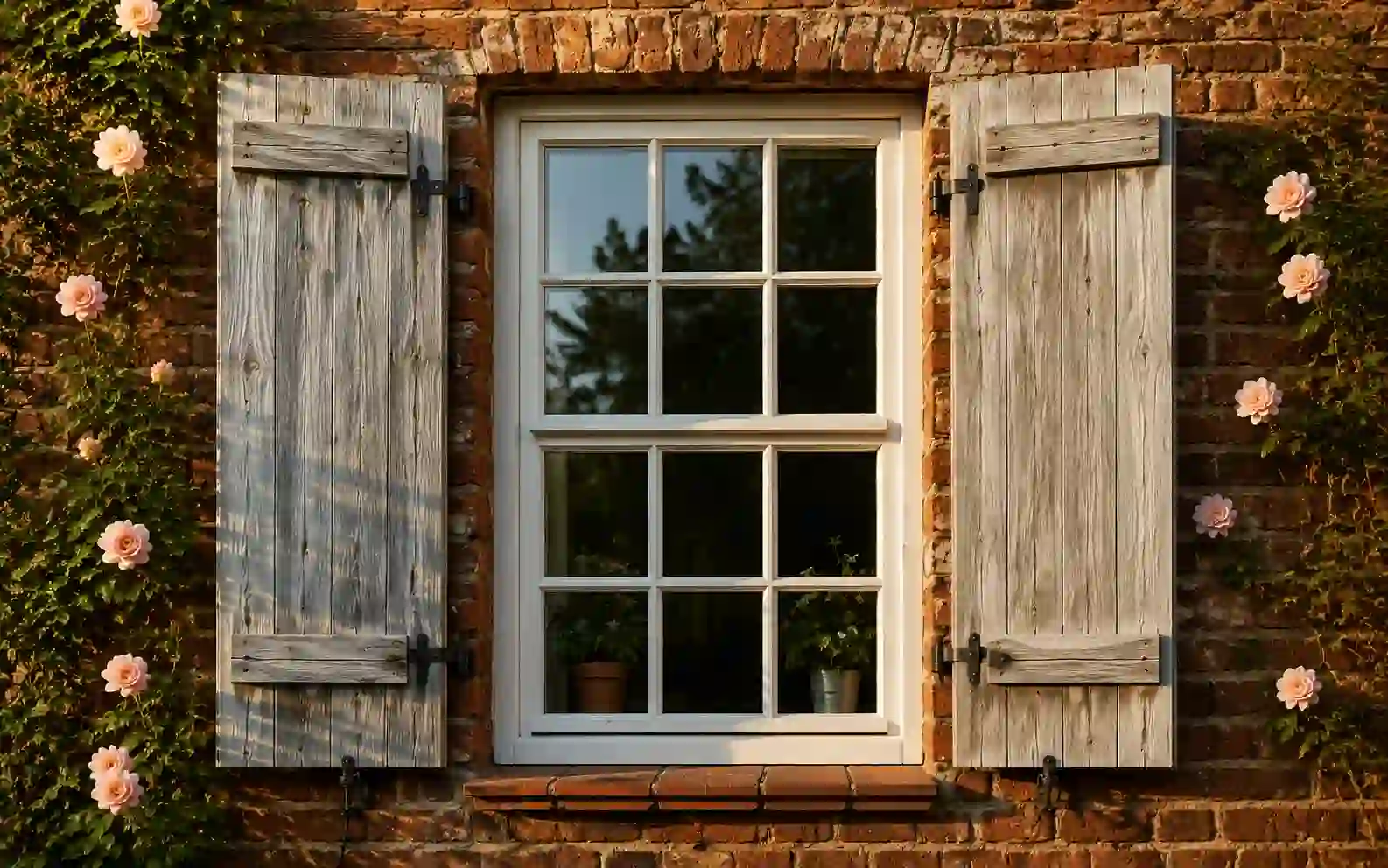 Landhausfenster mit weissen Sprossen in einer roten Klinkerfassade mit Fensterlaeden von ecowindow