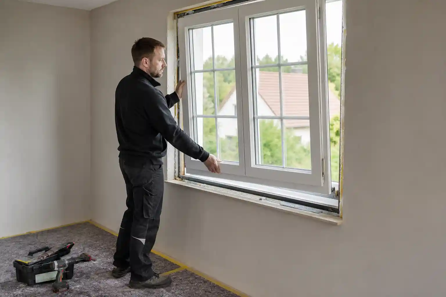 Monteur setzt Sprossenfenster ein, Montage durch ecowindow