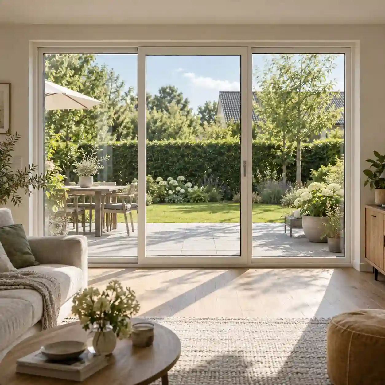 Terrassentür 3-teilig Dreiteilige Terrassentuer mit zwei Seitenteilen im Wohnraum von ecowindow