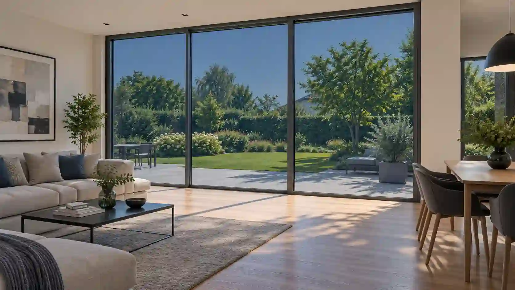 Elektrochromes Glas als getönte Fensterfront gegen Sonneneinstrahlung bei ecowindow