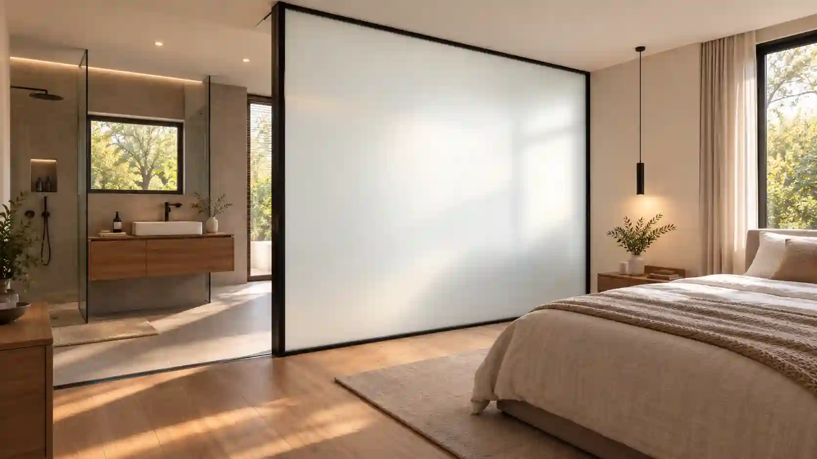 PDLC-Glas als schaltbarer Sichtschutz zwischen Bad und Schlafraum bei ecowindow