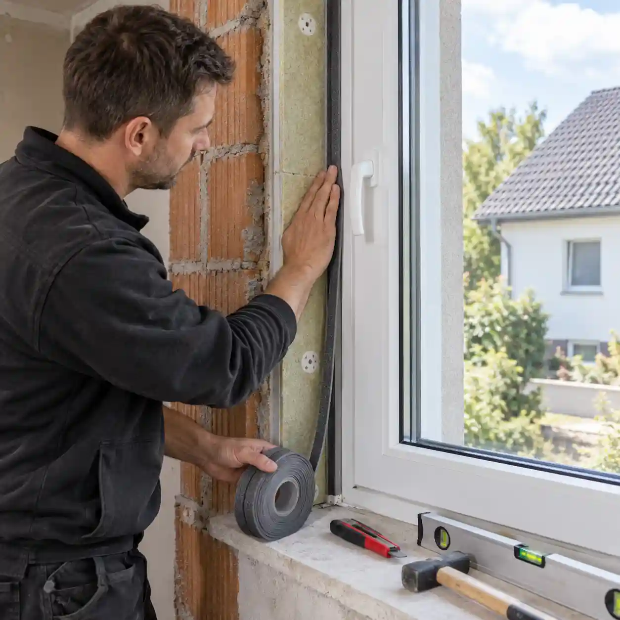 Monteur baut ein Wärmeschutzfenster mit gedämmter Laibung ein bei ecowindow