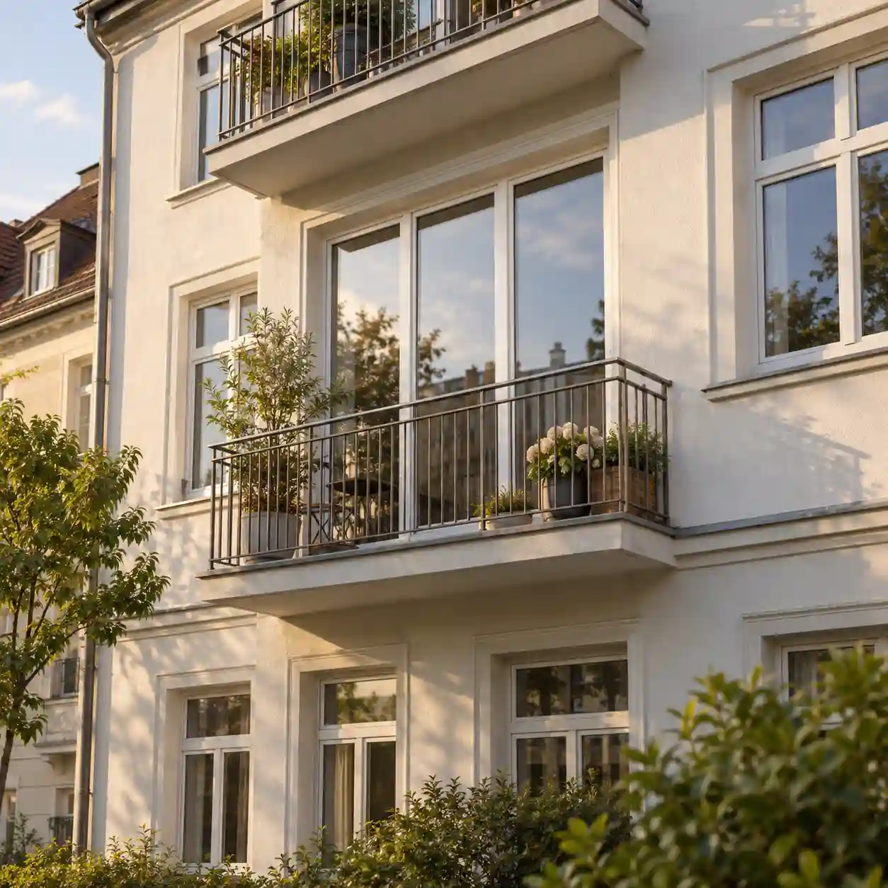 Dreiteilige Balkontuer von aussen an der Hausfassade mit Balkon von ecowindow