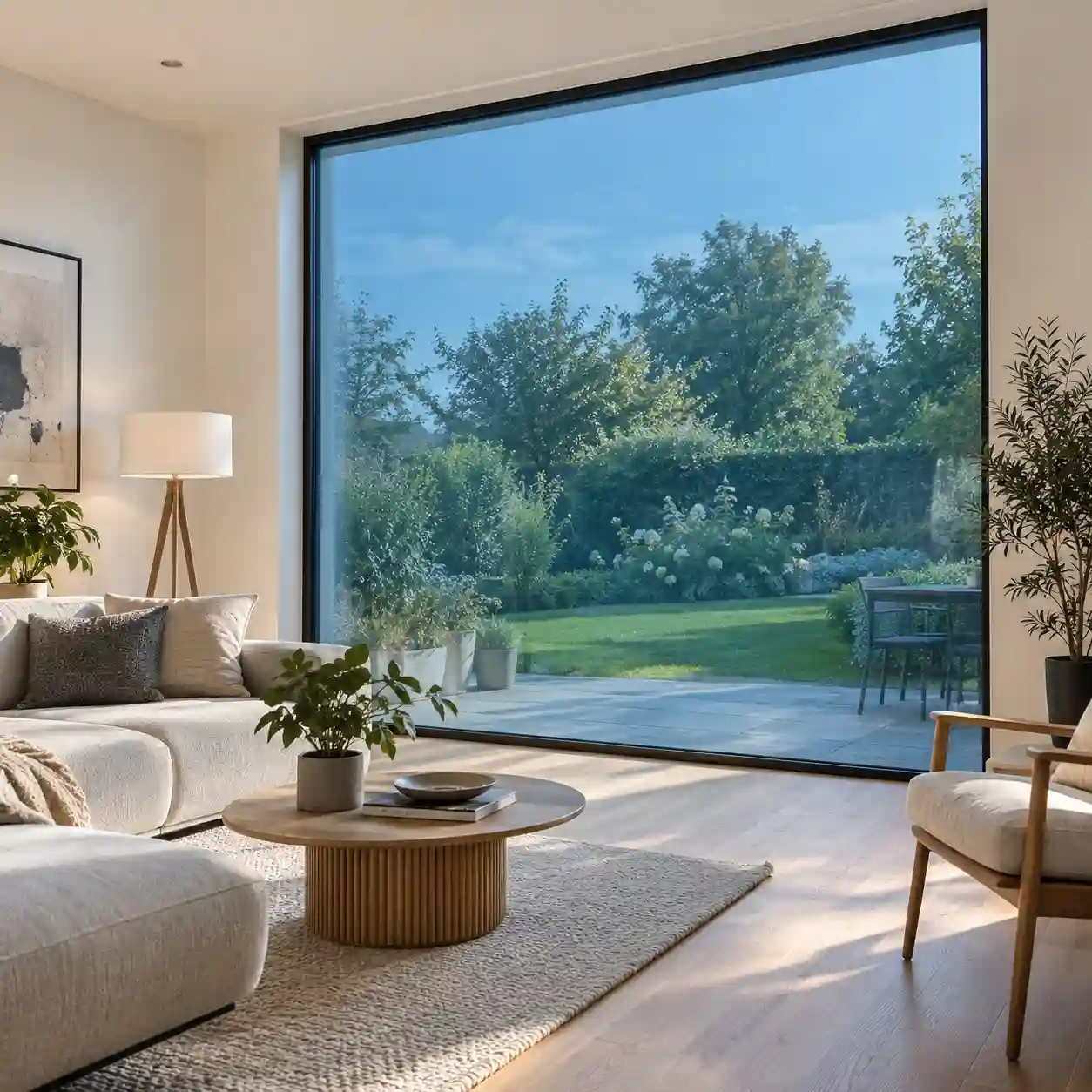 Fenster mit elektrochromem Glas in getönter Stufe in einem Wohnraum von ecowindow