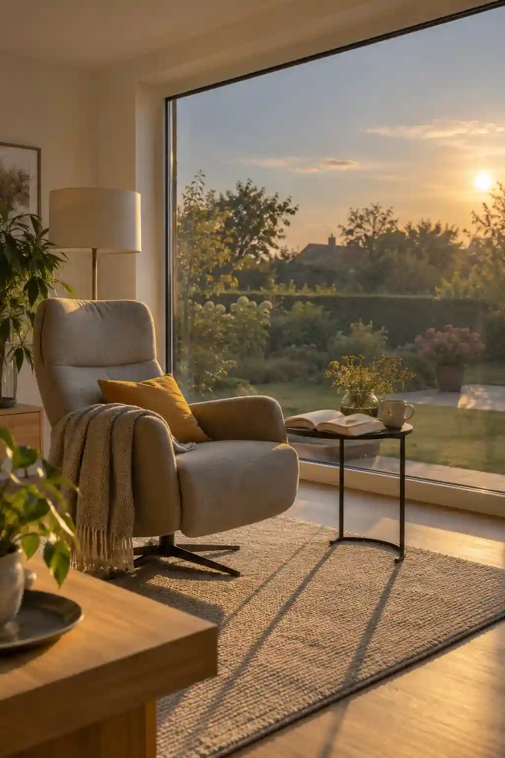 Wohnzimmerfenster mit elektrochromem Glas bei tief stehender Abendsonne von ecowindow