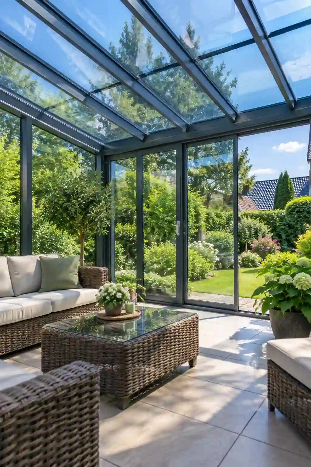 Wintergarten mit schaltbarer Verglasung an einem Sommertag von ecowindow